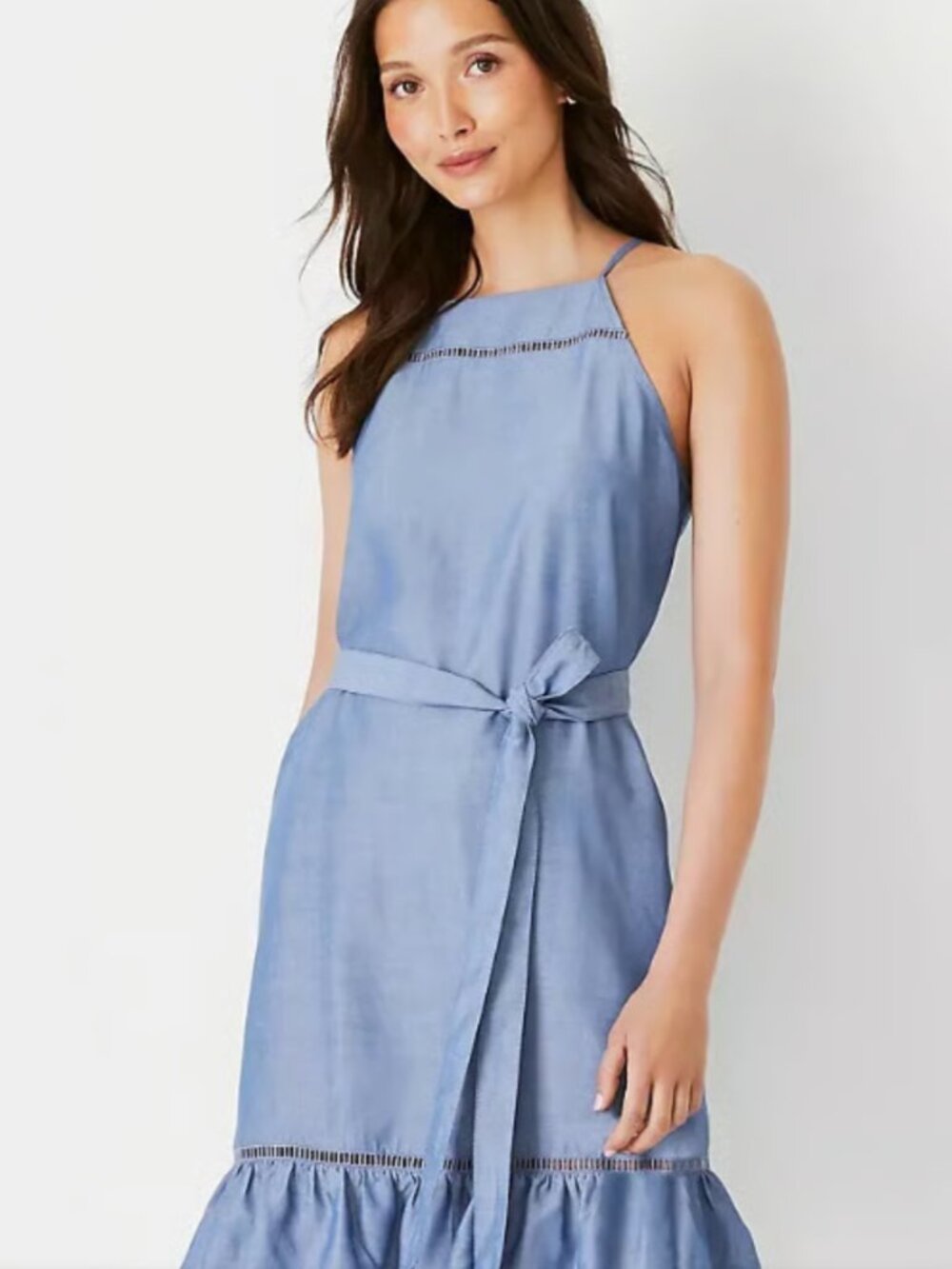 Ann Taylor Chambray Blue Ruffle Dress Sz 2 - Picture 2 of 6